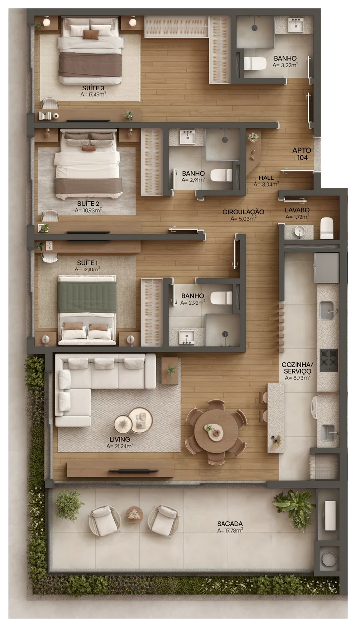 Planta humanizada do apartamento 104 da Torre A: três suítes, lavabo, living e sacada