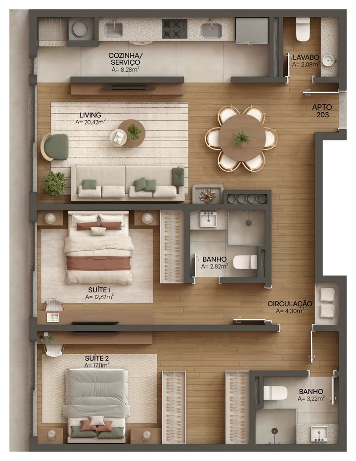 Planta humanizada do apartamento 203 da Torre A: duas suítes, lavabo e living com cozinha integrada